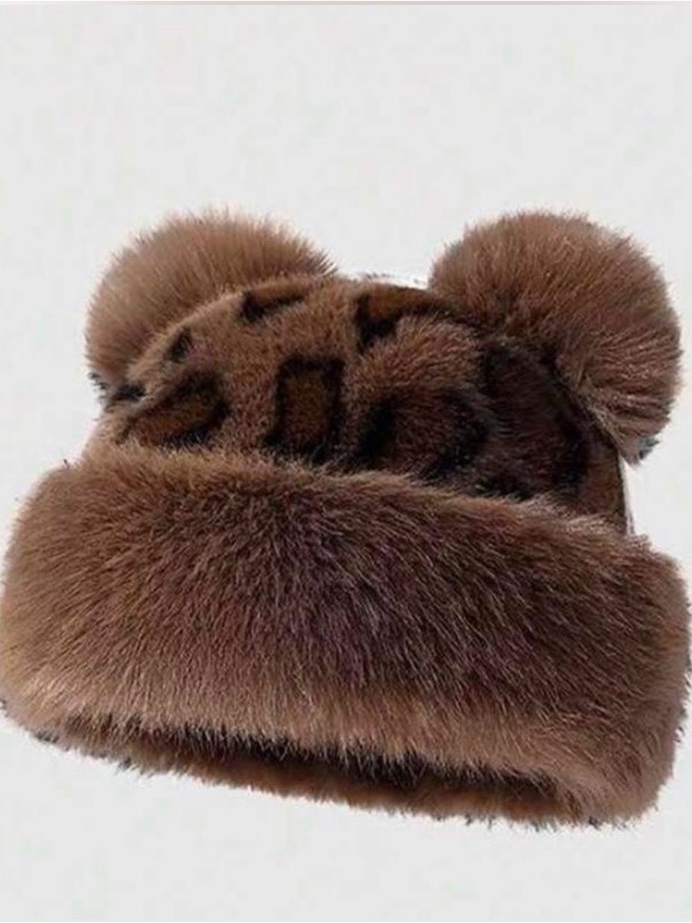 Faux Fur Double Pom Beanie in Brown